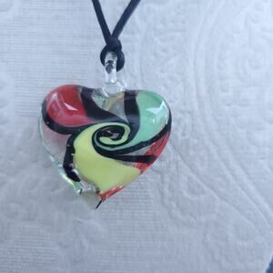Handmade Red Green Yellow Heart Glass With Black Adjustable Cord